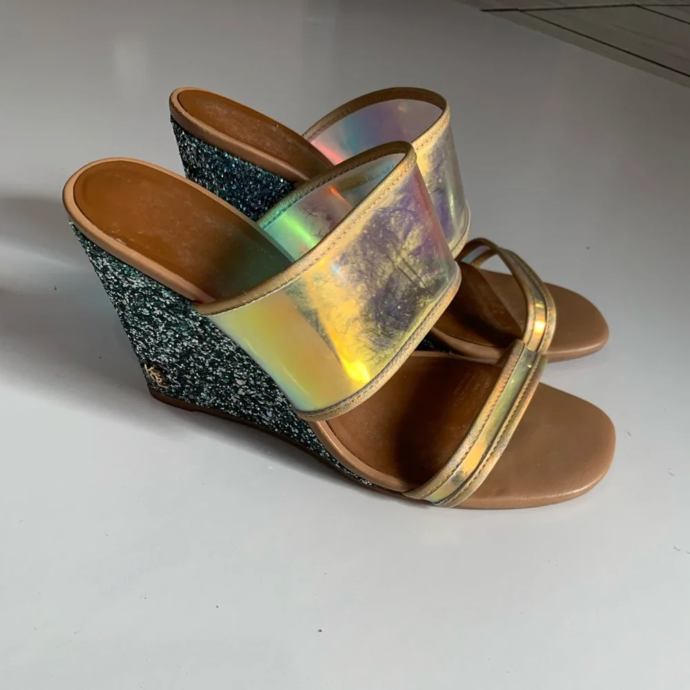 Kurt Geiger Holographic and aqua Wedges size 7.5US  38 EU